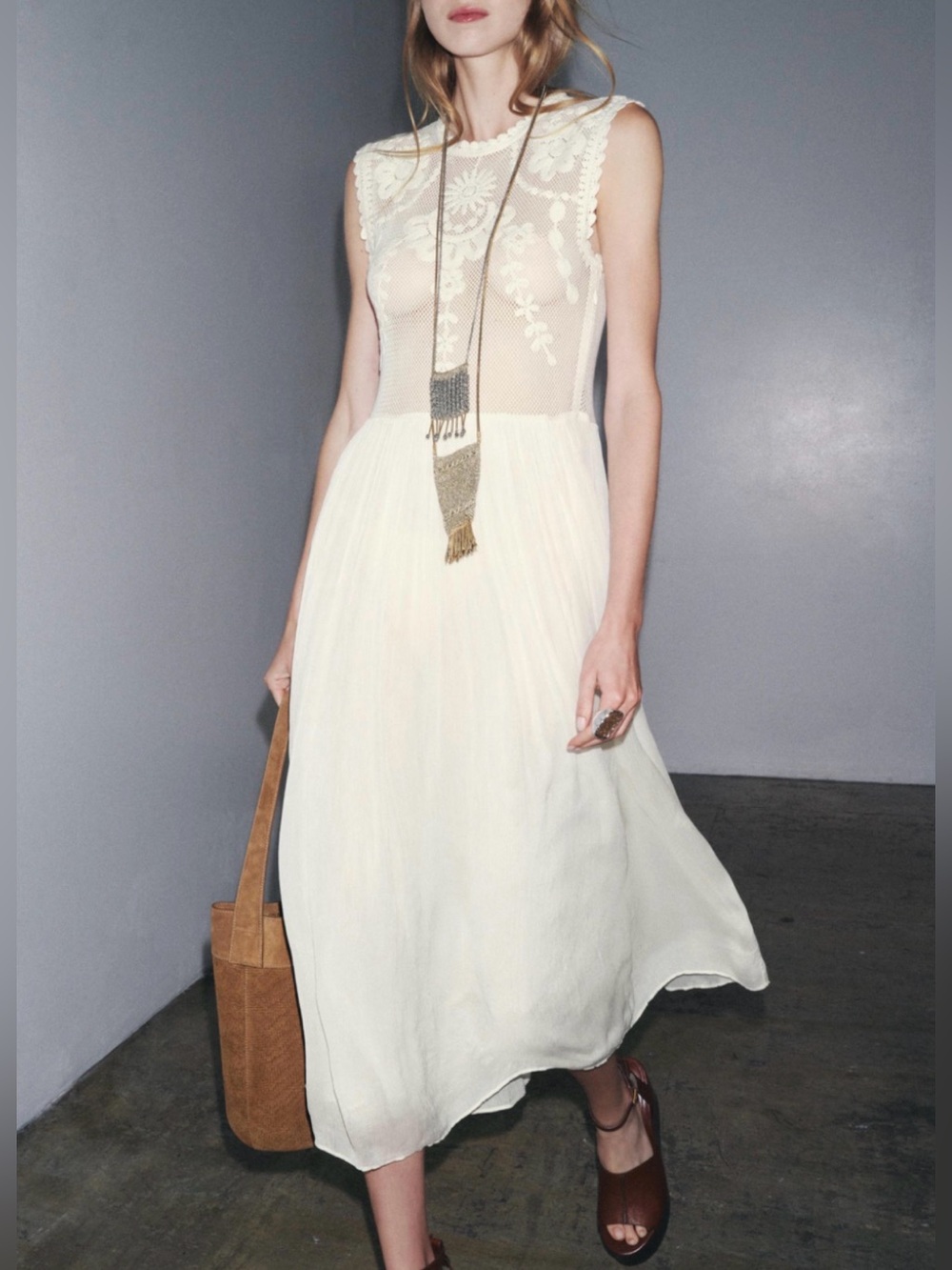ZARA Ecru Embroidered Combination Pleated Midi Dress